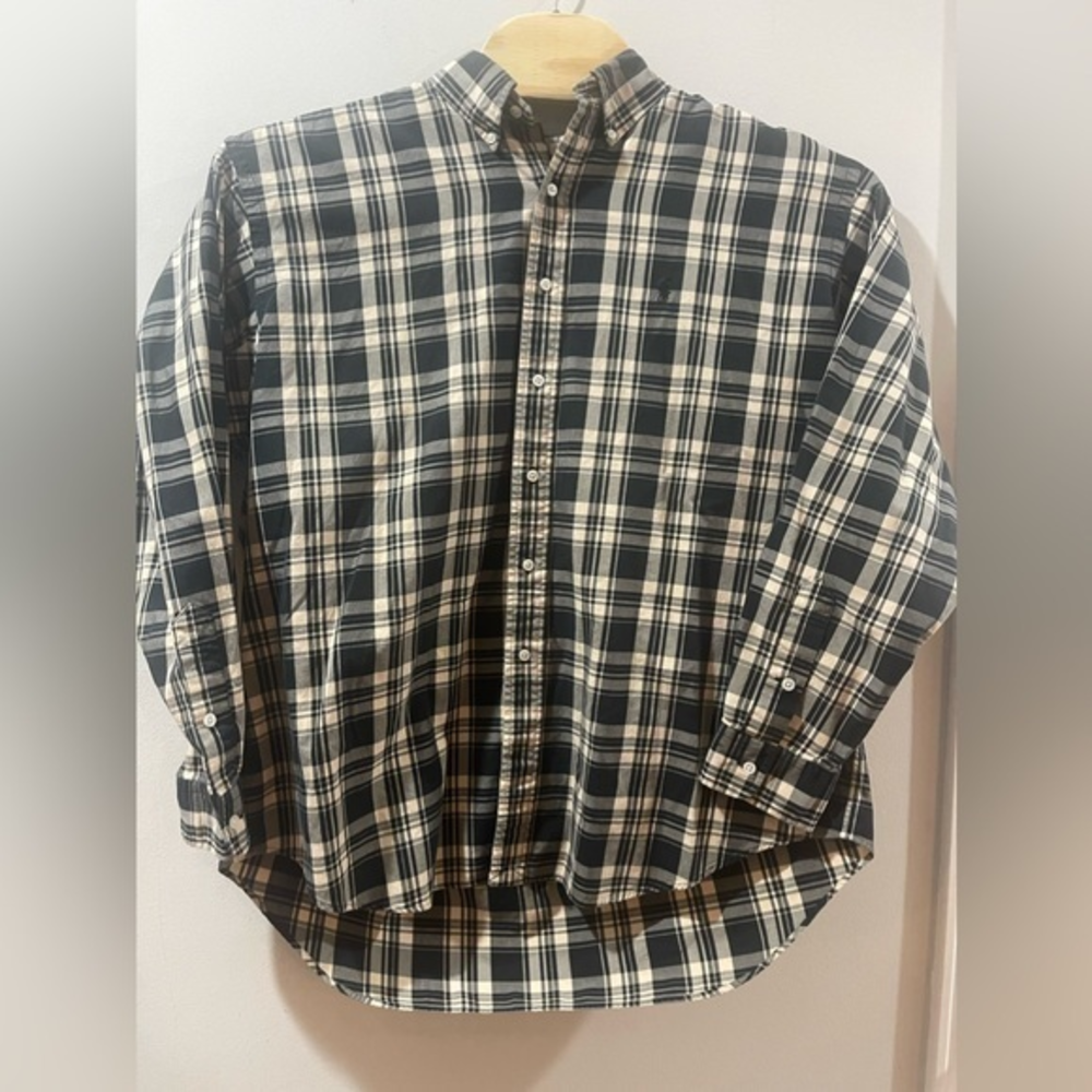 Ralph Lauren Blake Mens XL Button Black Gray Plaid Shirt Black Pony Long‎ Sleeve